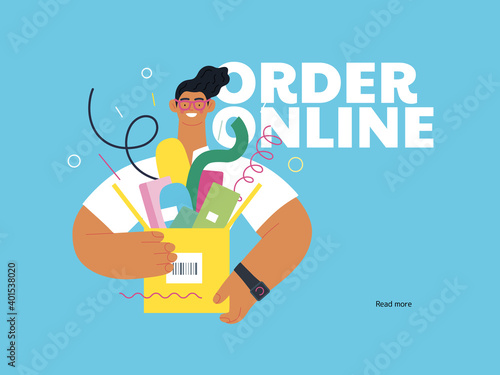 Discounts, sale, promotion - online shopping- modern flat vector concept illustration of a young man holding a box full of goods. Delivery and online orders concept. Order online call
