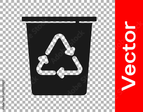 Black Recycle bin with recycle symbol icon isolated on transparent background. Trash can icon. Garbage bin sign. Recycle basket sign. Vector.