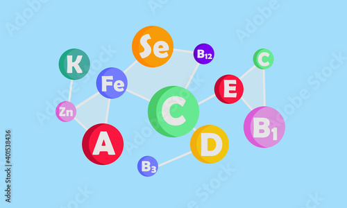 Vitamin and mineral complex for health. Healthy food nutrition and diet with vitamins and minerals. Medical multicolored capsules with vitamins title concept vector illustration