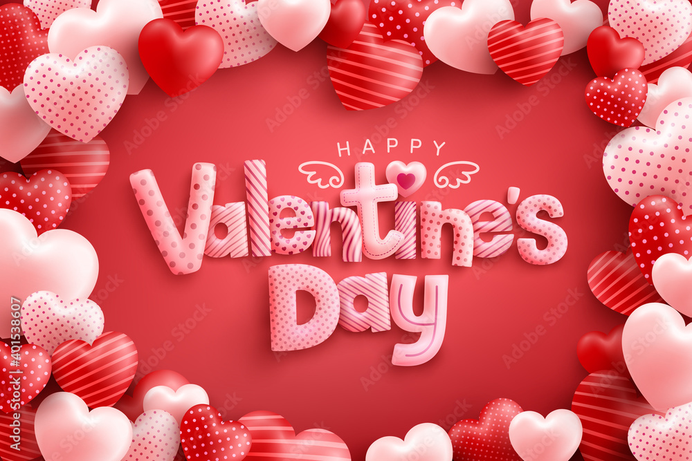 Happy Valentine's Day Poster or banner with cute font and many sweet hearts  on red  and shopping template or background for Love  and Valentine's day concept Stock Vector | Adobe Stock