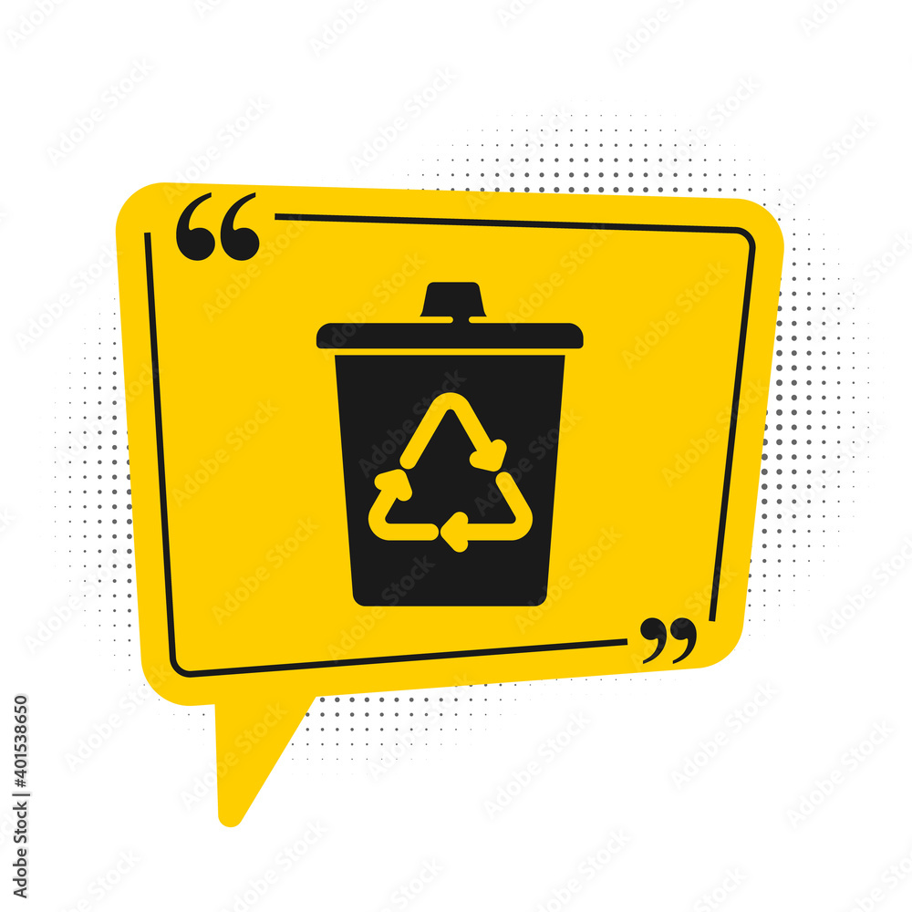 Black Recycle bin with recycle symbol icon isolated on white background. Trash can icon. Garbage bin sign. Recycle basket sign. Yellow speech bubble symbol. Vector. Black Recycle bin with recycle symbol icon isolated on white background. Trash can icon. Garbage bin sign. Recycle basket sign. Yellow speech bubble symbol. Vector.