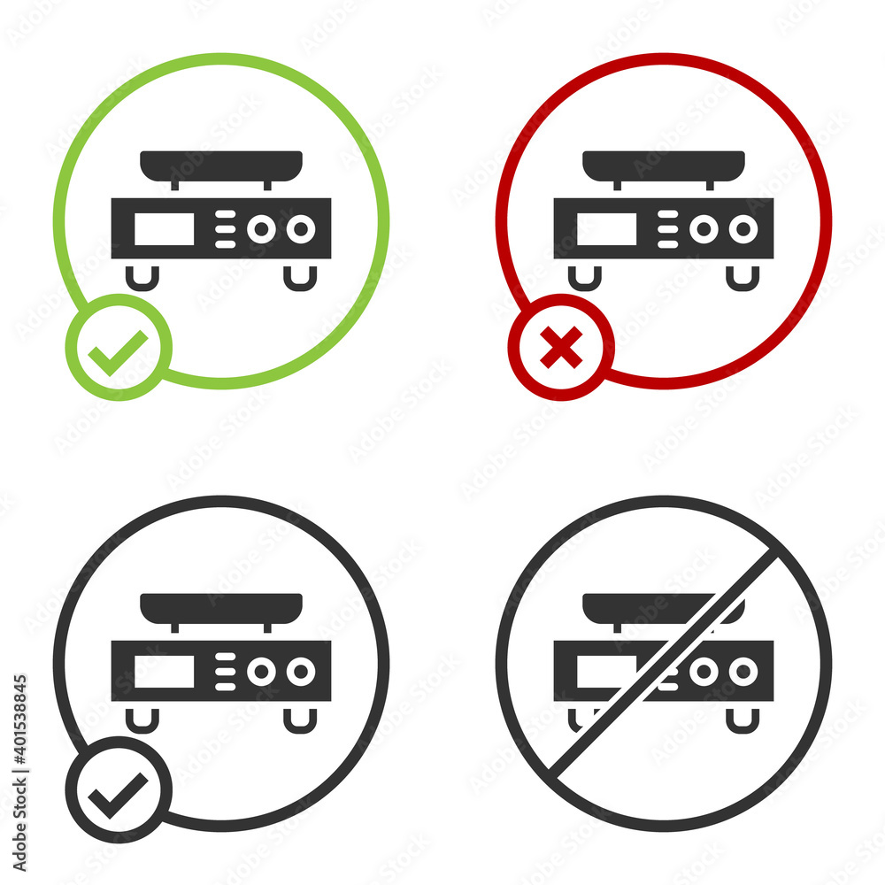 Black Electronic scales icon isolated on white background. Weight measure equipment. Circle button. Vector. Black Electronic scales icon isolated on white background. Weight measure equipment. Circle button. Vector.