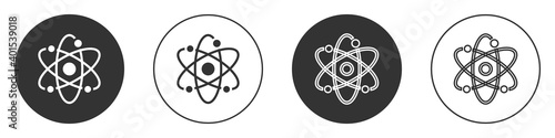 Black Atom icon isolated on white background. Symbol of science, education, nuclear physics, scientific research. Circle button. Vector.