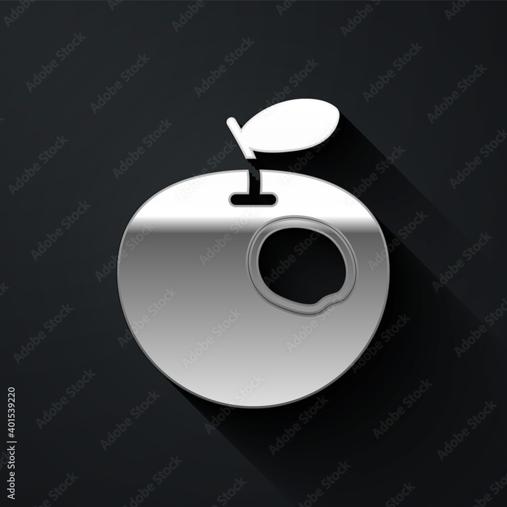 Silver Genetically modified apple icon isolated on black background. GMO fruit. Long shadow style. Vector.