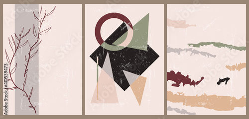 A set of three colorful aesthetic backgrounds. Minimalistic posters for social networks, web design. Vintage illustrations with different geometric shapes, doodles, plants.