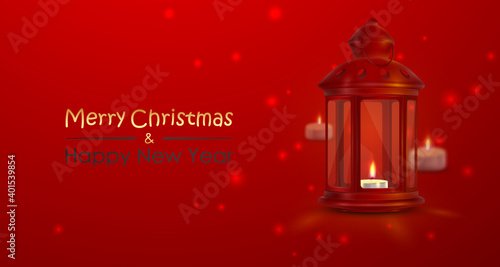 Red banner with red latern, lamp with candles, tea lights and lettering Merry Christmas and Happy New Year. Holiday vector illustration for card, flyer, advertising, posters, partyes.