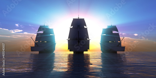 Foto old three ships sunset at sea, 3d rendering