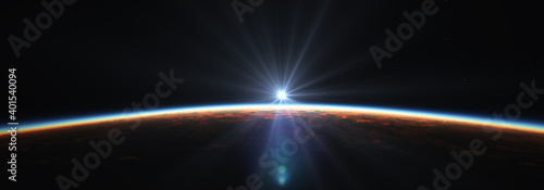 Fototapeta Naklejka Na Ścianę i Meble -  Earth sunrise from space over cloudy ocean. 3d rendering