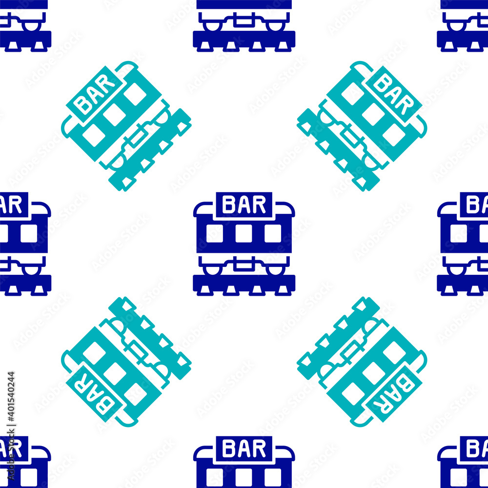 Blue Restaurant train icon isolated seamless pattern on white background. Vector.