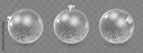 Set of glass Christmas toys, decorations, balls with silver confetti isolated on transparent background. Holiday illustration for postcard, banner, cards, decor, design, arts, advertising.