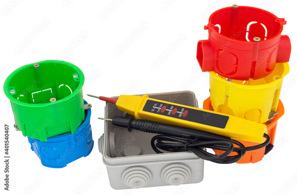 Fotografie plastic electrical junction box and Voltage tester