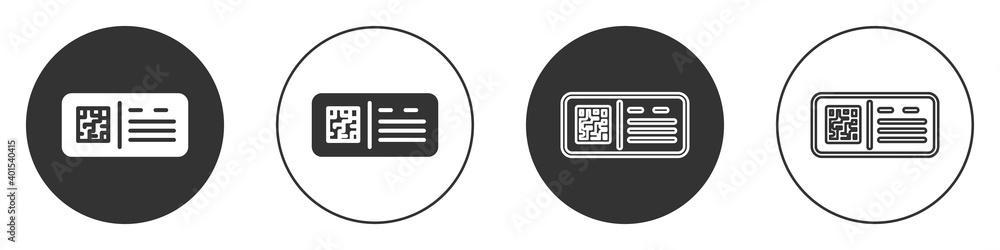 Black QR code ticket train icon isolated on white background. Circle button. Vector. Black QR code ticket train icon isolated on white background. Circle button. Vector.