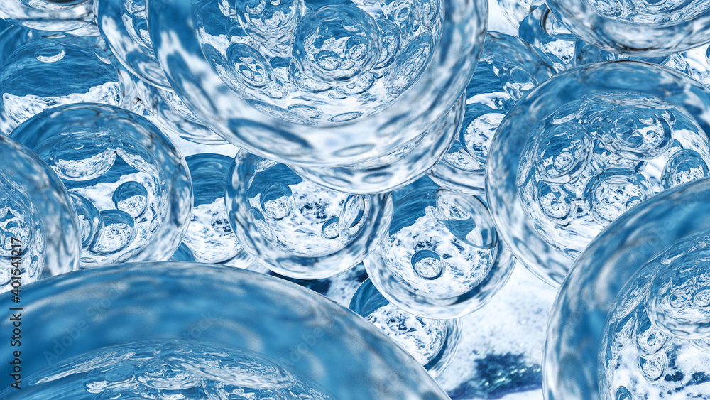 Levitating water drops. Background of beautiful water drops. 3D rendering