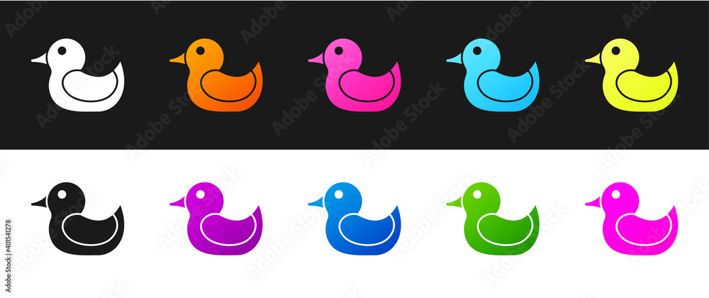 Set Rubber duck icon isolated on black and white background. Vector.