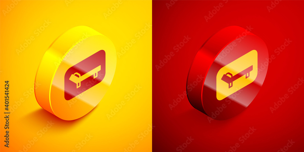 Isometric Sunbed icon isolated on orange and red background. Sun lounger. Circle button. Vector. Isometric Sunbed icon isolated on orange and red background. Sun lounger. Circle button. Vector.