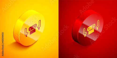 Isometric Poker table icon isolated on orange and red background. Circle button. Vector.
