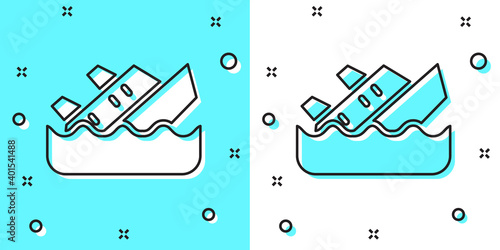 Black line Sinking cruise ship icon isolated on green and white background. Travel tourism nautical transport. Voyage passenger ship, cruise liner. Random dynamic shapes. Vector.