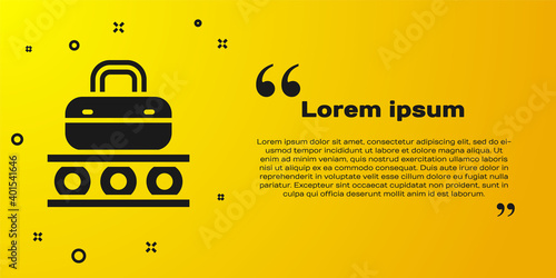 Black Airport conveyor belt with passenger luggage, suitcase, bag, baggage icon isolated on yellow background. Vector.