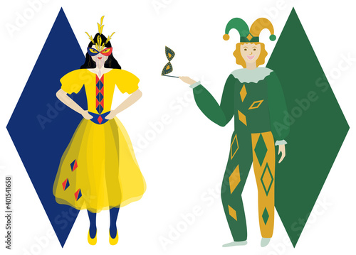 Harlequin and Columbine.  Mardi Gras carnival characters. Isolated vector illustration on white background.
