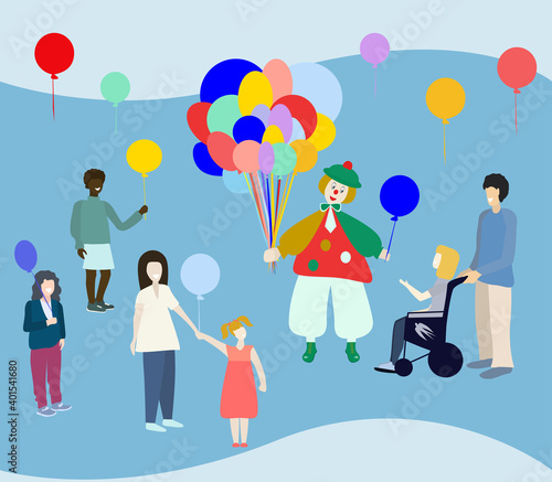 Random acts of kindness day. Clown giving balloons to children. Vector illustration.