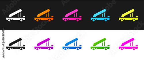 Set Passenger ladder for plane boarding icon isolated on black and white background. Airport stair travel. Vector.
