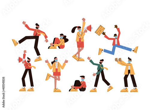 group of interracial people wearing medical mask