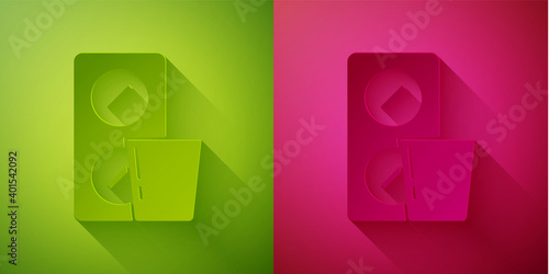 Paper cut Pills in blister pack icon isolated on green and pink background. Medical drug package for tablet, vitamin, antibiotic, aspirin. Paper art style. Vector.