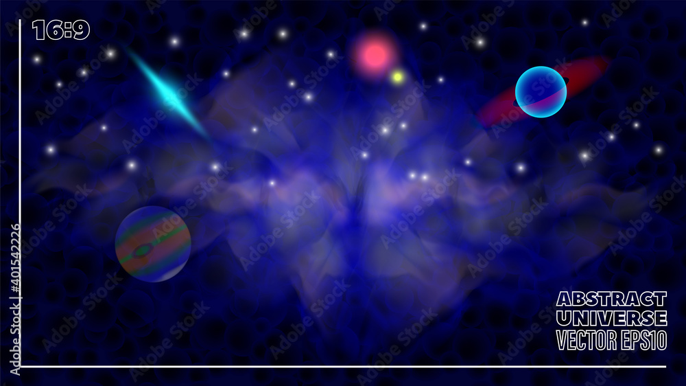 Abstract poster or cover in 16-9 format. Dark blue space with nebula, planets and stars. EPS10