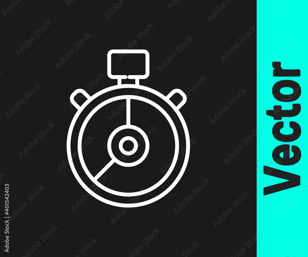 White line Stopwatch icon isolated on black background. Time timer sign. Chronometer sign. Vector Illustration. White line Stopwatch icon isolated on black background. Time timer sign. Chronometer sign. Vector Illustration.