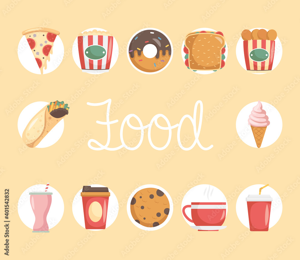 bundle of twelve fast food set icons and lettering bundle of twelve fast food set icons and lettering