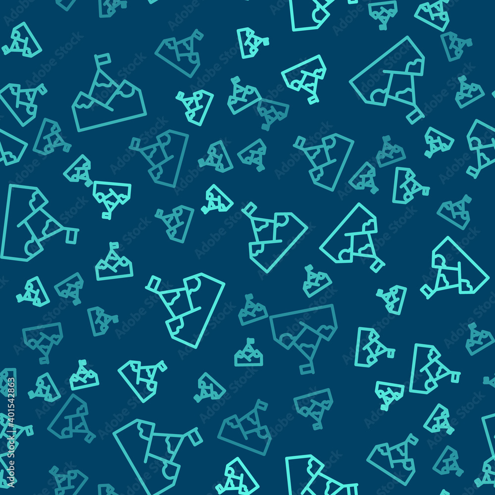Green line Mountains with flag on top icon isolated seamless pattern on blue background. Symbol of victory or success concept. Goal achievement. Vector. Green line Mountains with flag on top icon isolated seamless pattern on blue background. Symbol of victory or success concept. Goal achievement. Vector.