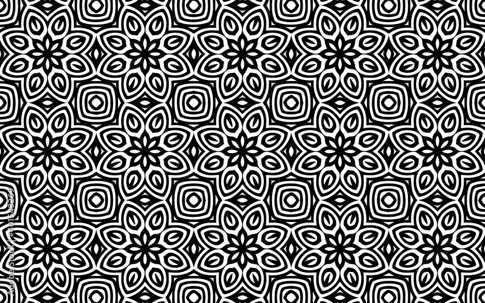 Ethnic unique black white texture in doodling style. Geometric background of floral pattern and shapes for wallpaper, coloring book, textile. Ethnic unique black white texture in doodling style. Geometric background of floral pattern and shapes for wallpaper, coloring book, textile.