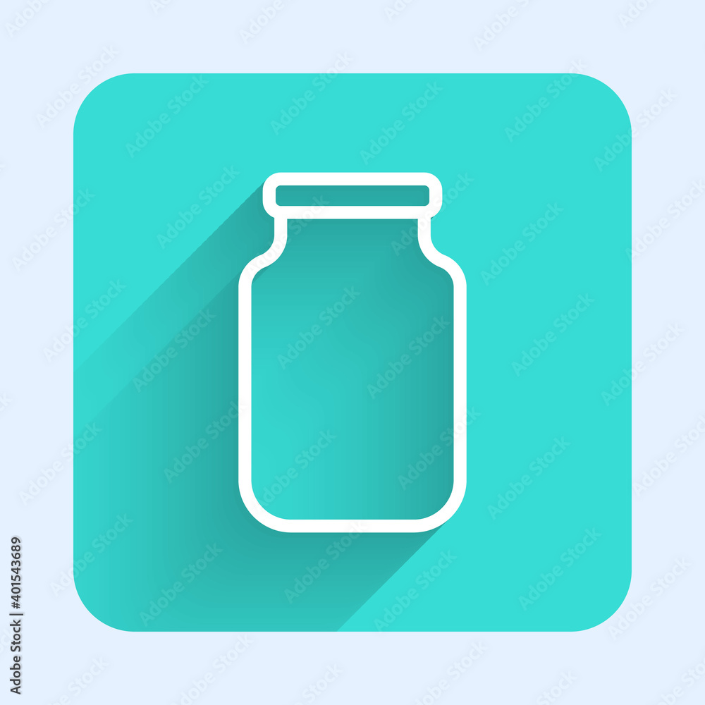 White line Glass jar with screw-cap icon isolated with long shadow. Green square button. Vector. White line Glass jar with screw-cap icon isolated with long shadow. Green square button. Vector.