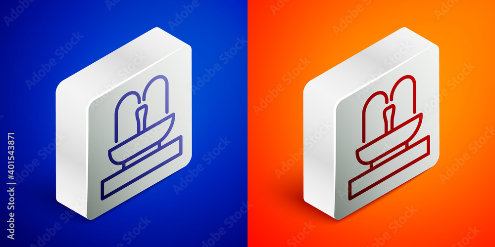 Isometric line Fountain icon isolated on blue and orange background. Silver square button. Vector. Isometric line Fountain icon isolated on blue and orange background. Silver square button. Vector.