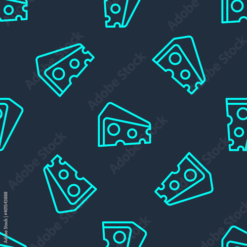 Green line Cheese icon isolated seamless pattern on blue background. Vector.