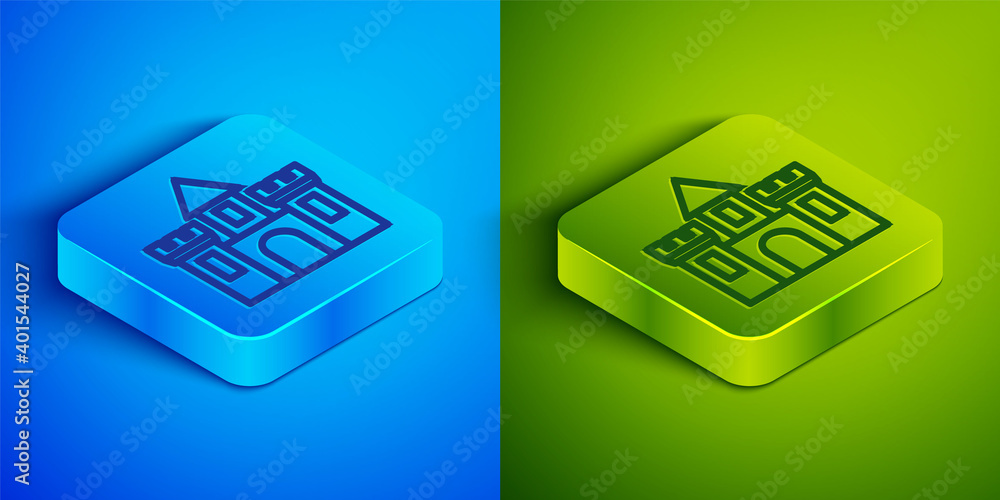 Isometric line Castle icon isolated on blue and green background. Medieval fortress with a tower. Protection from enemies. Reliability and defense of the city. Square button. Vector. Isometric line Castle icon isolated on blue and green background. Medieval fortress with a tower. Protection from enemies. Reliability and defense of the city. Square button. Vector.