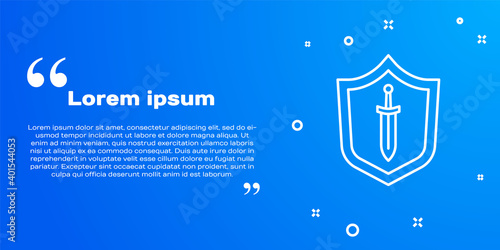 White line Medieval shield with sword icon isolated on blue background. Vector.