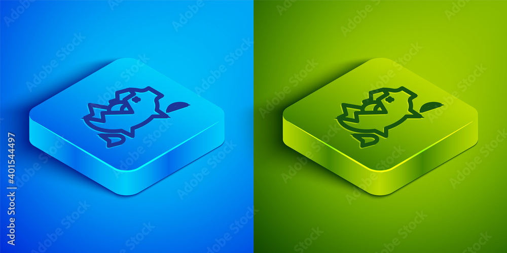 Isometric line Broken piggy bank icon isolated on blue and green background. Icon saving or accumulation of money, investment. Square button. Vector. Isometric line Broken piggy bank icon isolated on blue and green background. Icon saving or accumulation of money, investment. Square button. Vector.