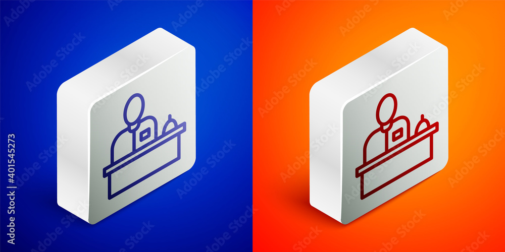Isometric line Receptionist standing at hotel reception desk icon isolated on blue and orange background. Silver square button. Vector. Isometric line Receptionist standing at hotel reception desk icon isolated on blue and orange background. Silver square button. Vector.