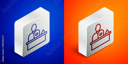 Isometric line Receptionist standing at hotel reception desk icon isolated on blue and orange background. Silver square button. Vector.