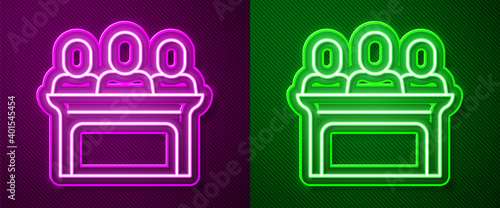 Glowing neon line Jurors icon isolated on purple and green background. Vector.