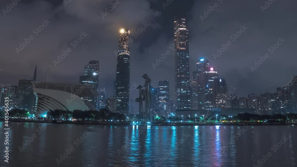 Guangzhou downtown at night, timelapse. Skyscrapers, office buildings, skyline Guangzhou downtown at night, timelapse. Skyscrapers, office buildings, skyline