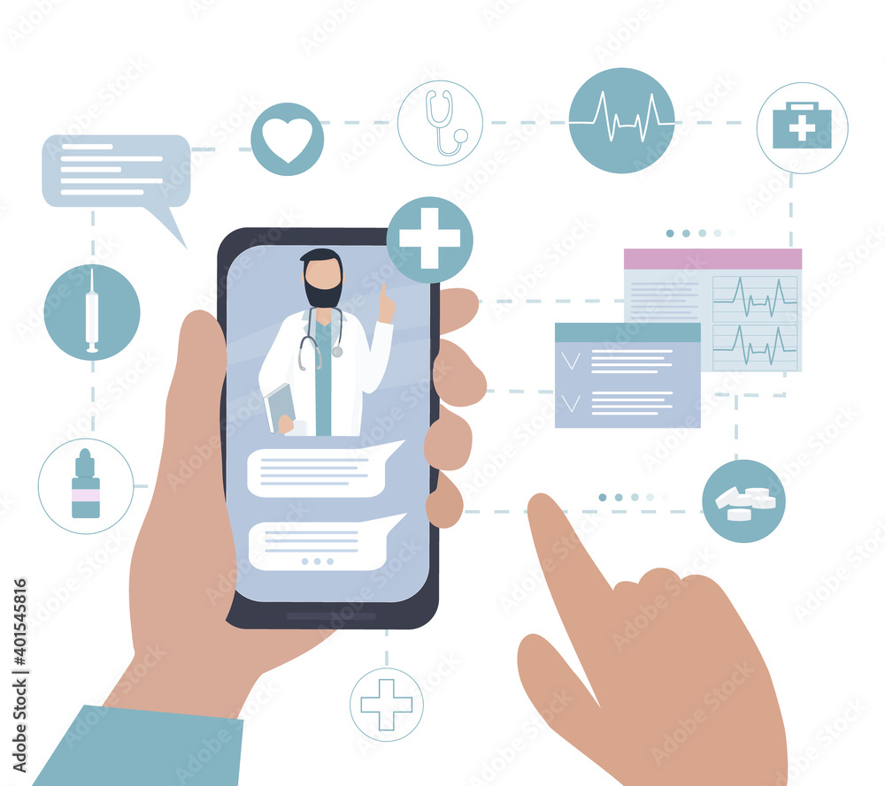 doctor online. Phone in the hands of the patient. Consultation, diagnosis, treatment and any care by video call over the Internet. Telemedicine, fast remote medical assistance. Vector doctor online. Phone in the hands of the patient. Consultation, diagnosis, treatment and any care by video call over the Internet. Telemedicine, fast remote medical assistance. Vector