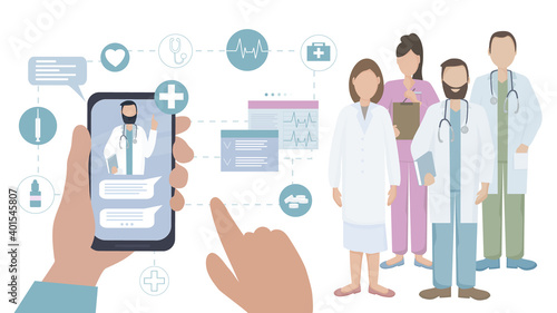 The patient communicates with the doctor online. A team of medical professionals consults, diagnoses and treats using modern technology and the Internet. Telemedicine, Remote Medical Assistance.
