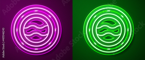 Glowing neon line Ship porthole with rivets and seascape outside icon isolated on purple and green background. Vector.
