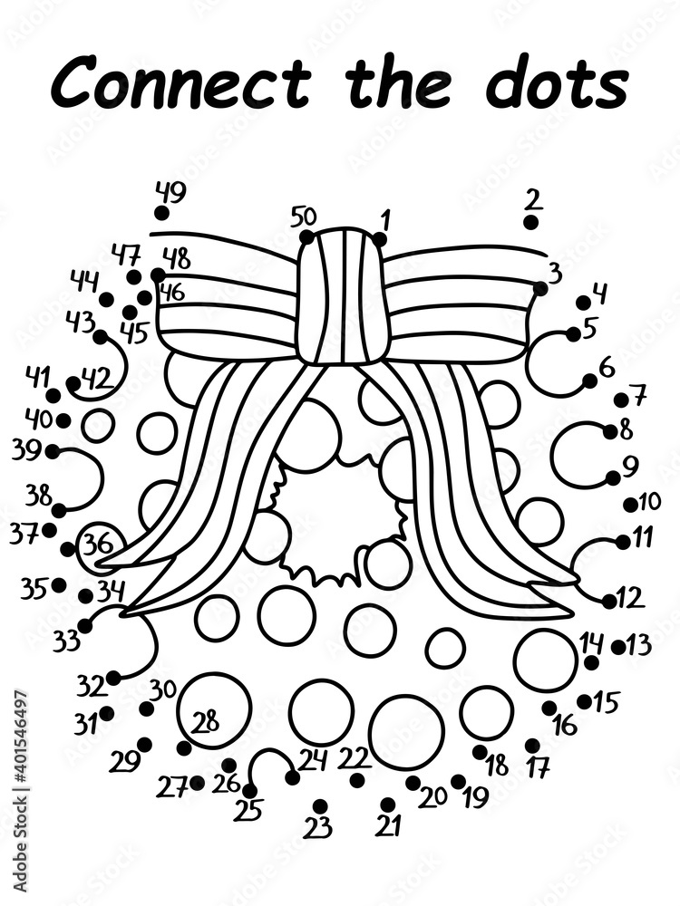 Connect the dots Christmas wreath vector worksheet. Educational dot to ...
