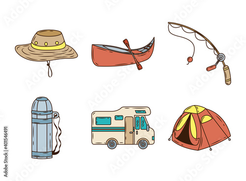 bundle of six camping set line and fill icons