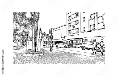 Building view with landmark of Criciuma is a city in the Brazilian state of Santa Catarina. Hand drawn sketch illustration in vector.