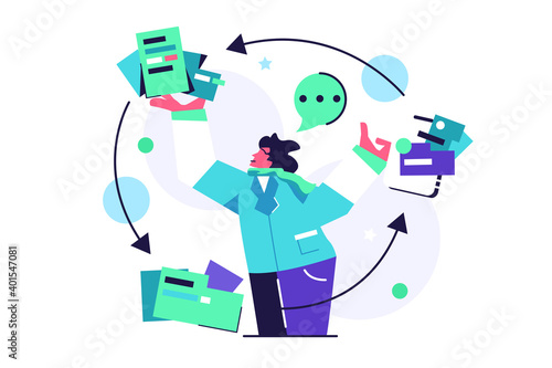 The girl deals with files that go into circulation, large virtual files, arrows in a circle, isolated on a white background, flat vector illustration