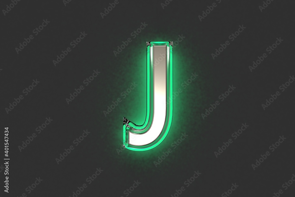 Silver brassy with emerald outline and green noisy backlight font - letter J isolated on dark, 3D illustration of symbols Silver brassy with emerald outline and green noisy backlight font - letter J isolated on dark, 3D illustration of symbols